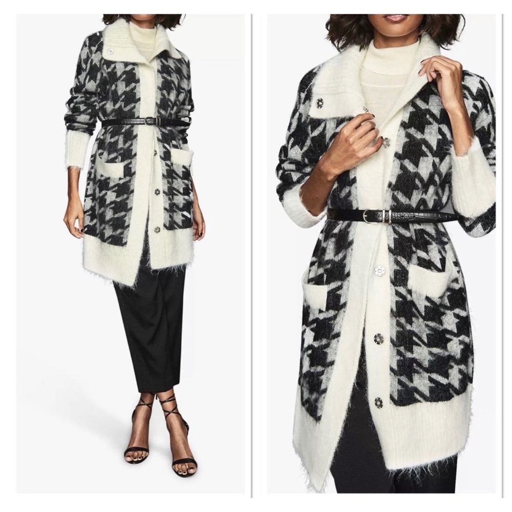 Reiss Eleni Houndstooth Longline Cardigan Sweater Alpaca Blend Black Ivory L